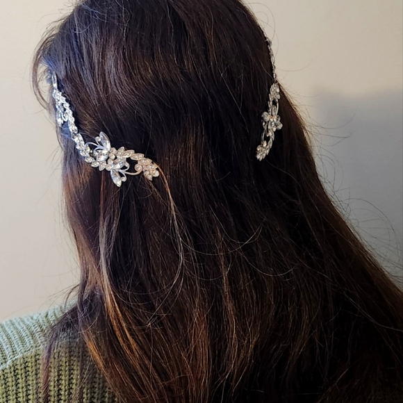 6" Women Bridal Cubic Zirconia Hair Clip x2, Silver Floral Barette, Wedding - Picture 9 of 12